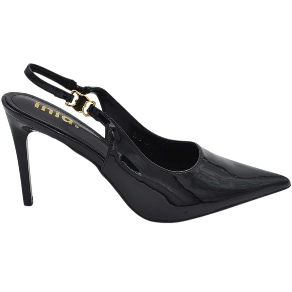 Decollete donna a punta slingback in vernice lucida nera con gancio oro tacco a spillo 12.