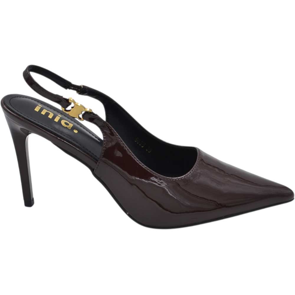 Decollete donna a punta slingback in vernice lucida testa di moro marrone con gancio oro tacco a spillo 12