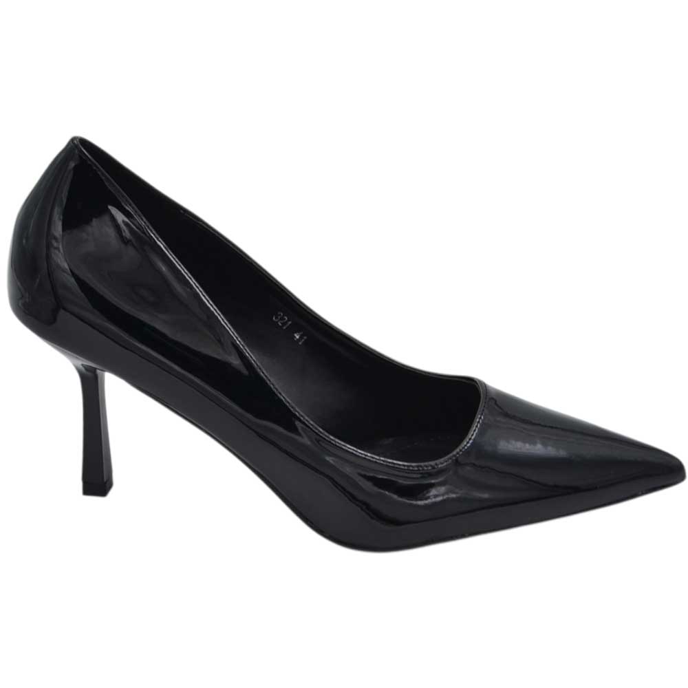 Decollete donna a punta in vernice lucida nero linea basic tacco a spillo 10