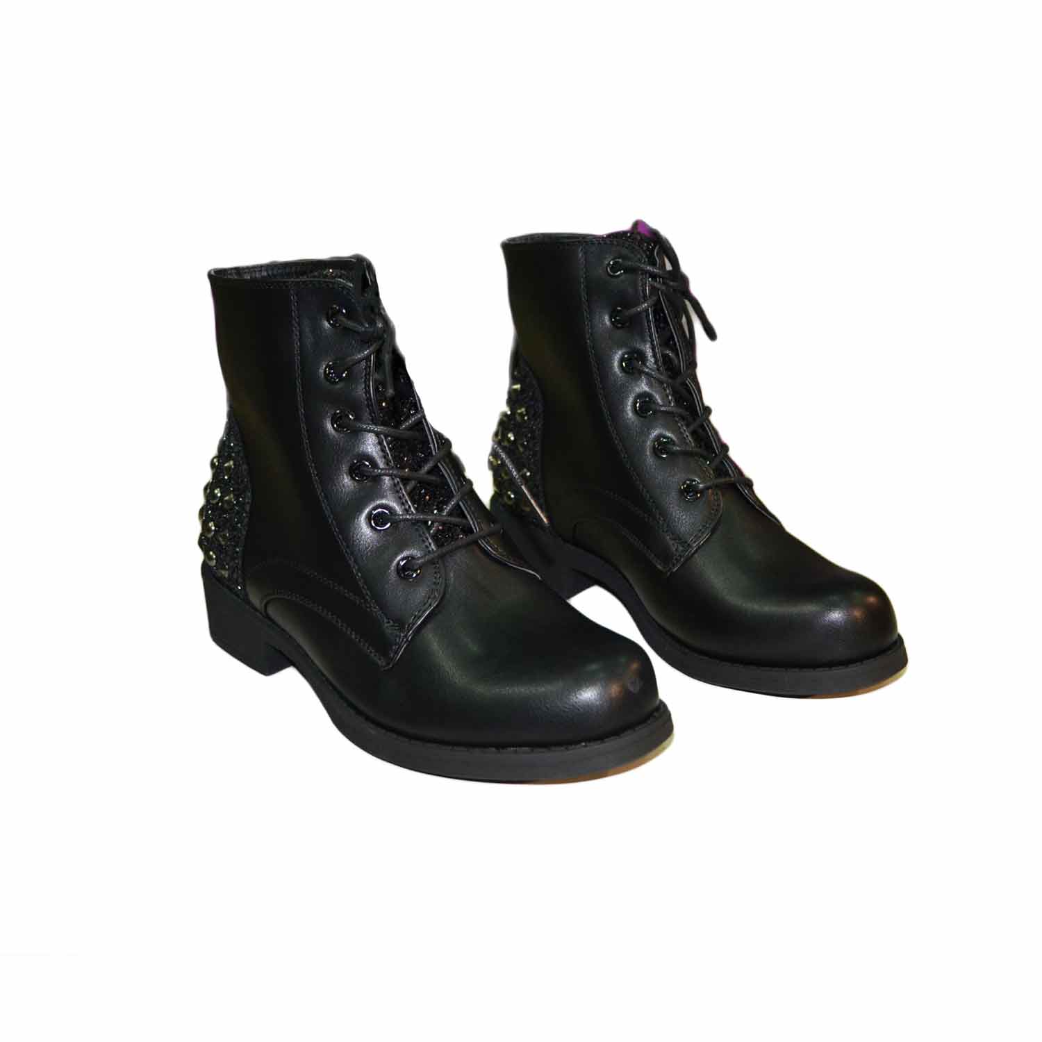 Stivaletto donna con lacci borchie e glitter nero fondo comfort antiscivolo 