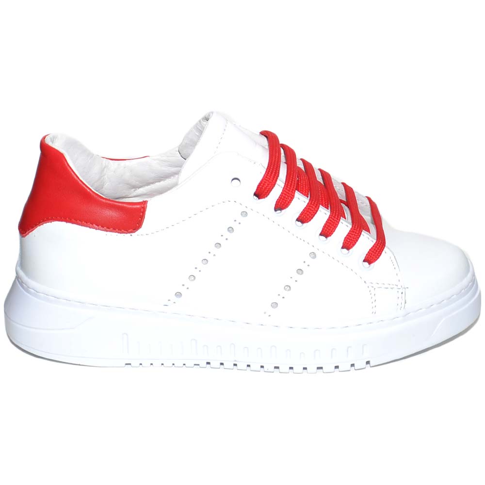 Sneakers bassa uomo bianca in vera pelle riporto rosso e lacci in tinta fondo army bianco moda uomo made in italy