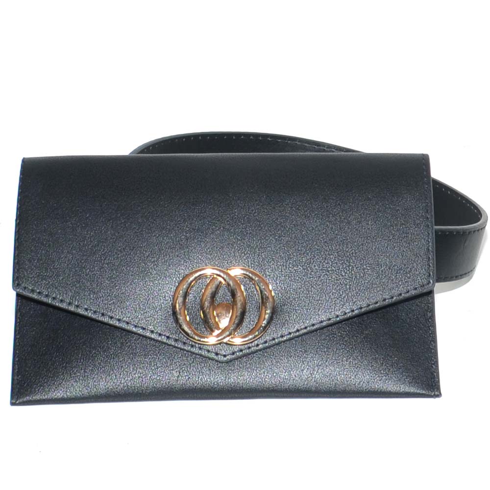 Cintura donna sottile nera in ecopelle 3 cm con borsello annesso anelli oro glamour moda marsupio 
