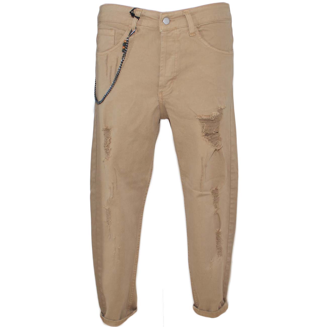 Pantaloni Jeans beige denim biker. Skinny fit.Chiusura con bottone e cerniera. strappi e tasche dettaglio catena 