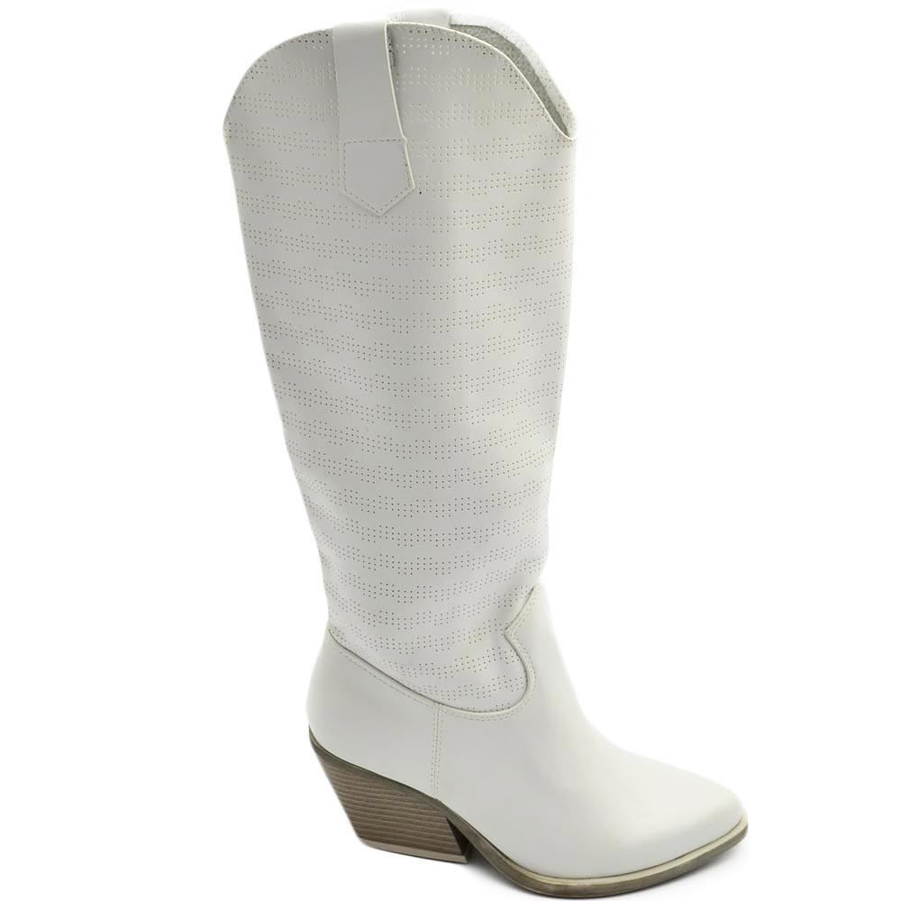 Stivali donna camperos texani microforato bianco pelle tacco western 7 comodo gomma altezza ginocchio estivo