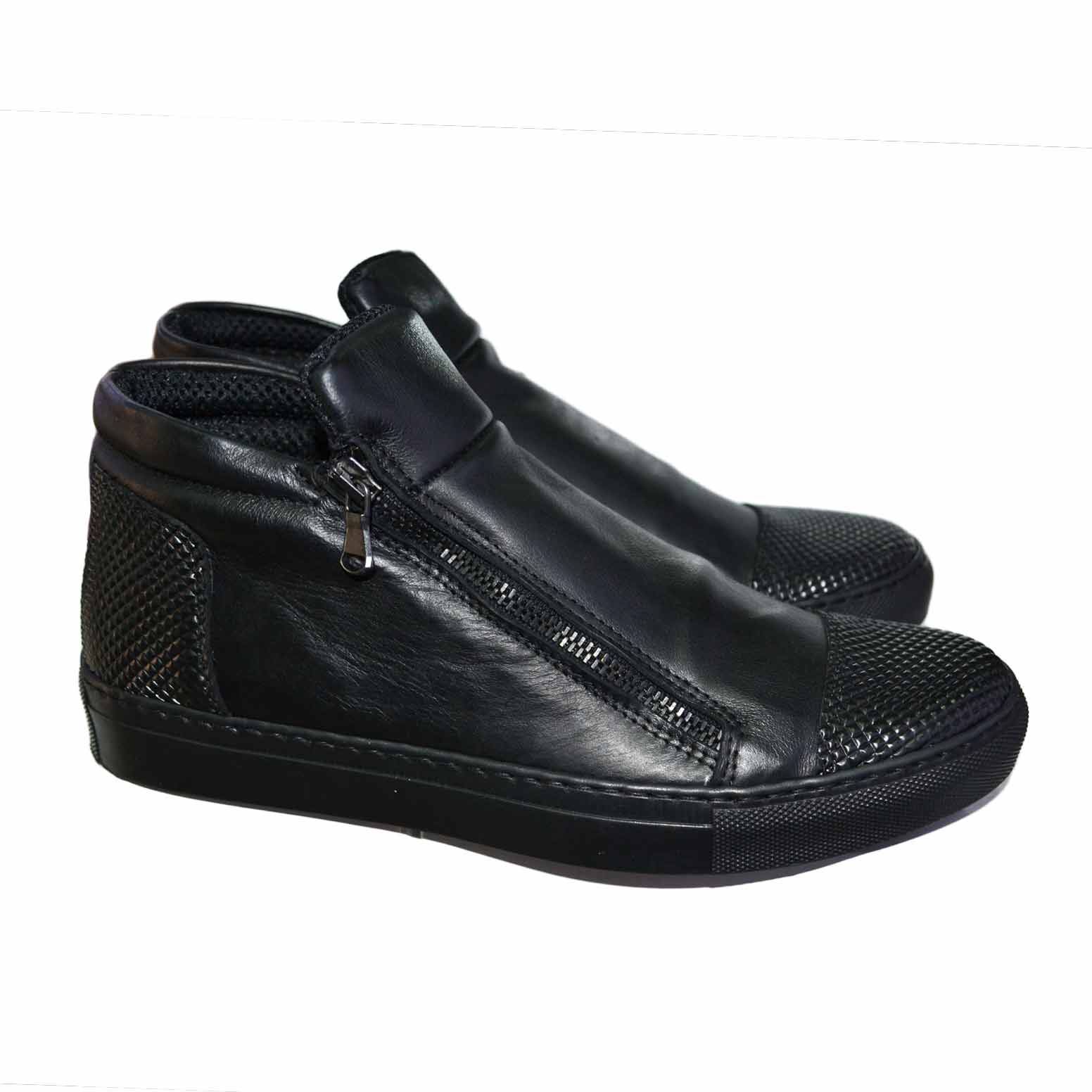 Sneakers bassa uomo scarpe calzature  modello con zip dettaglio nero piramide vera pelle.