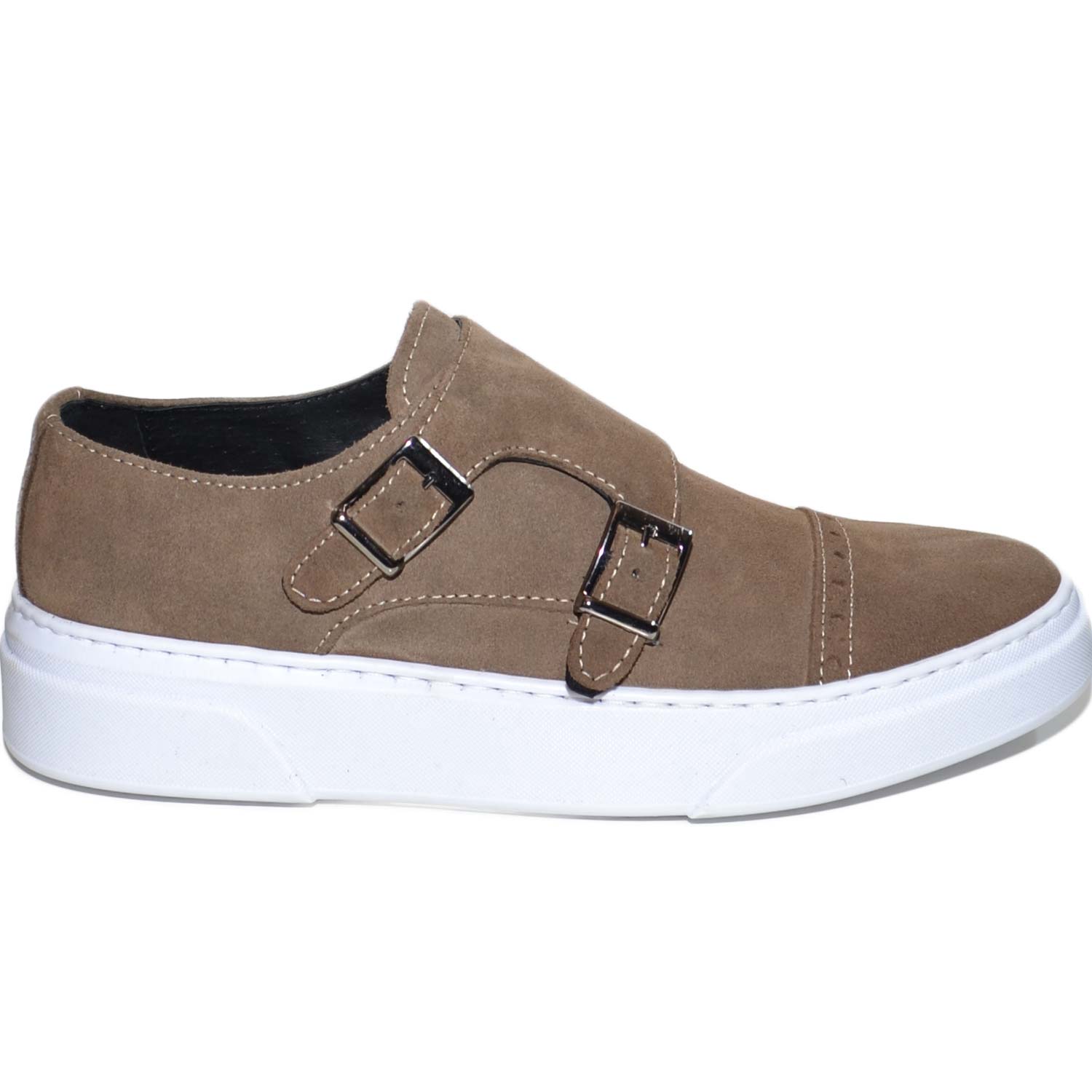 Sneaker uomo classica sportiva in vera pelle nabuk taupe doppia fibbia fondo sportivo bianco casual moda professionista