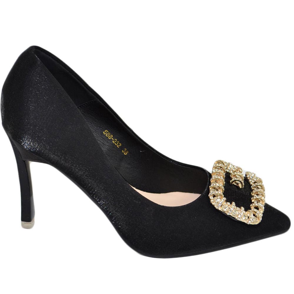 Scarpe decollete donna nero elegante gioiello fermaglio quadrato constrass punta tacco spillo 12 moda cerimonia