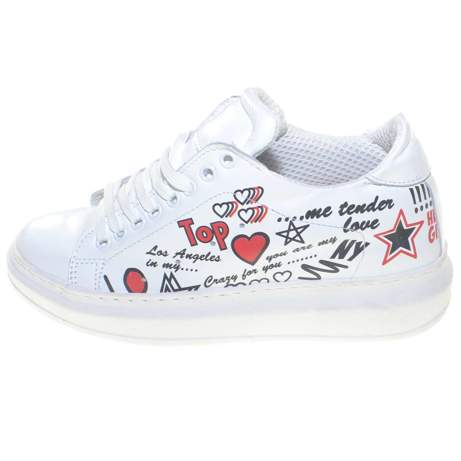 Sneakers bassa bianca donna in vera pelle stampata disegni fondo alto bianco comfort linea basic trendy