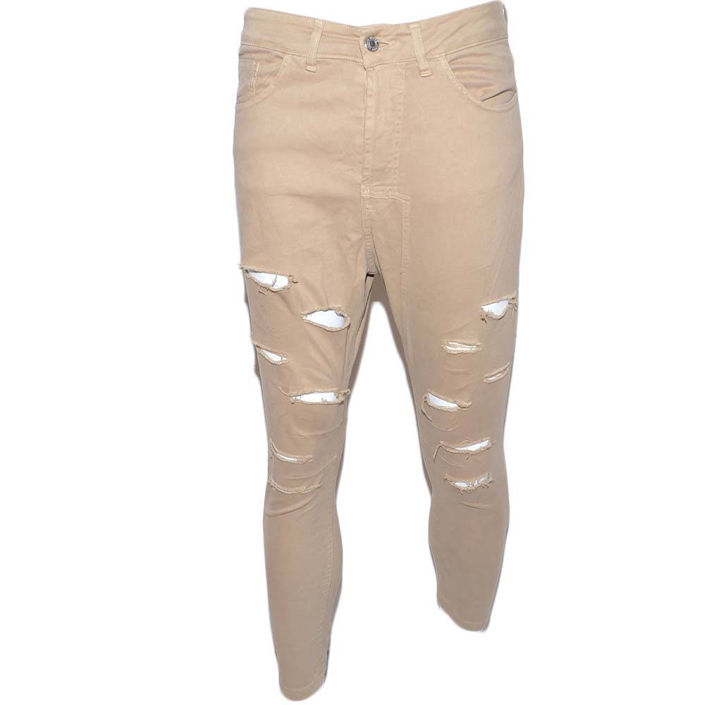 Pantaloni uomo beige camel chino con strappi slim fit in cotone tinta unita linea giovane elasticizzato.