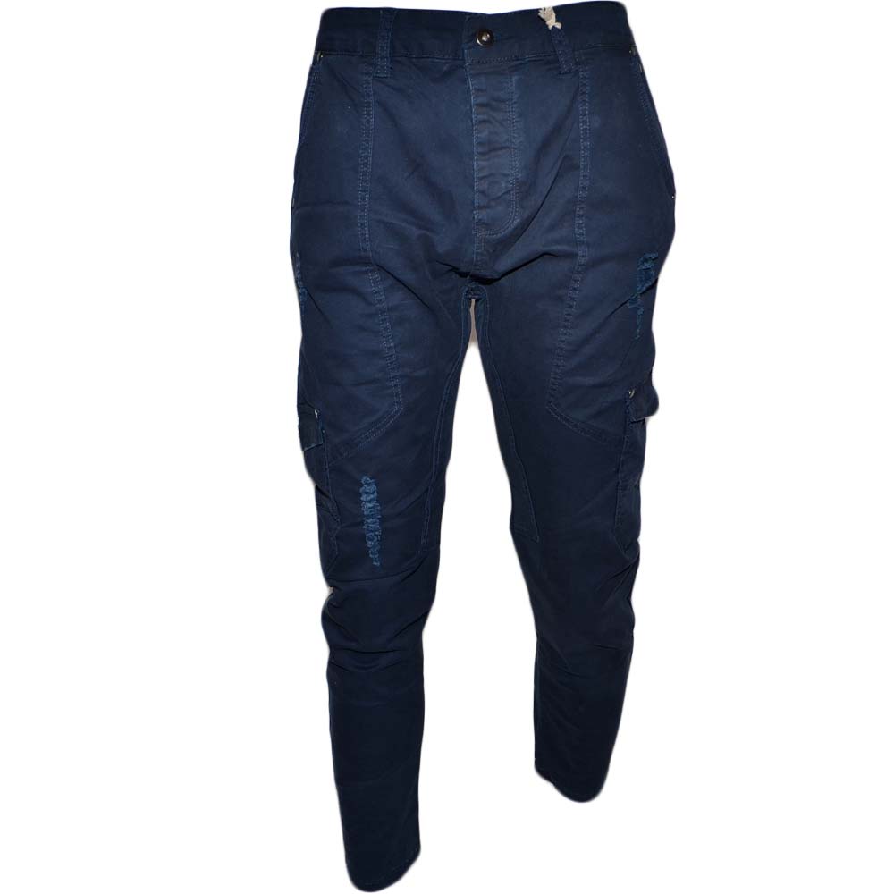 Pantaloni cargo uomo blue jeansato con tasconi laterali strappi bottone in vita con laccio comodo casual moda militare