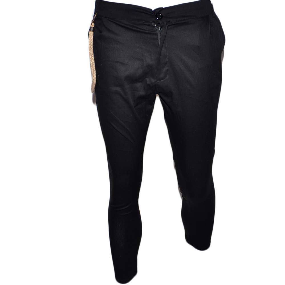 Pantalone Uomo Tinta Unita Panta Tuta Nero Tasca America Cavallo Basso Con Accessorio Filo E Ganci Moda.