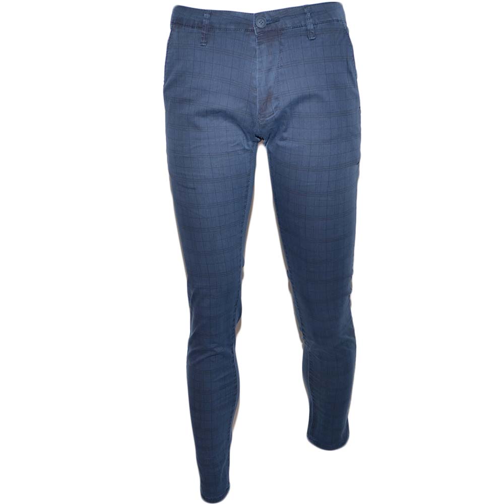 Pantaloni Uomo Slim Fit Casual Eleganti in Cotone blu Navy e fantasia scozzese taschino di sicurezza made in italy .