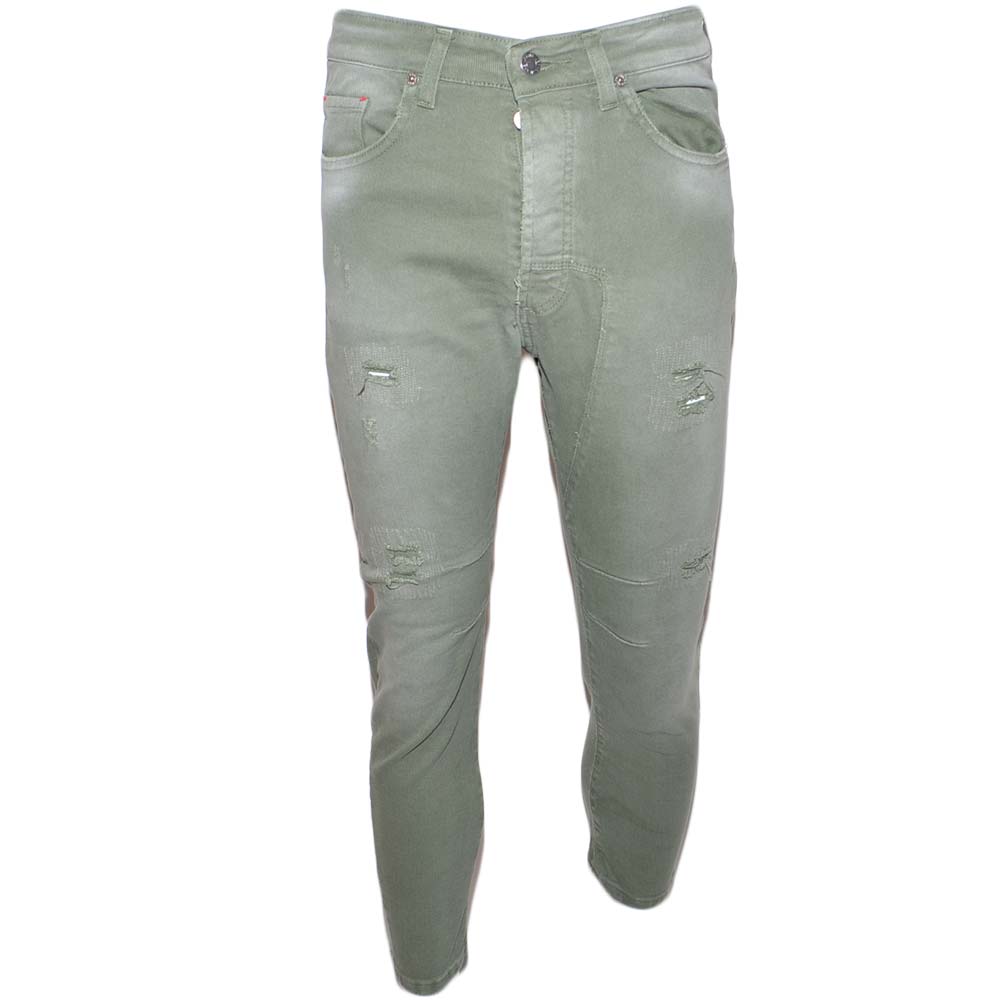Jeans uomo verdi denim lavaggio graduale slim fit a cavallo basso 4 tasche con strappi elasticizzato tendenza.