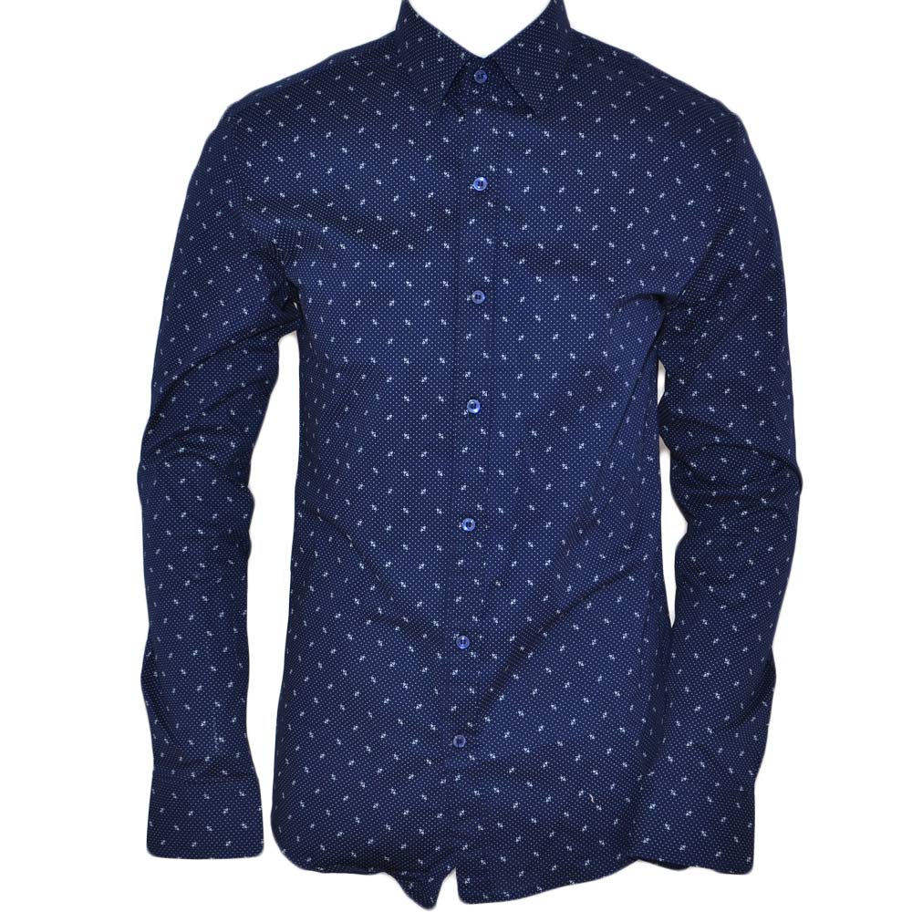 Camicia uomo cotone blu notte collo rigido manica lunga fantasia ancora made in italy