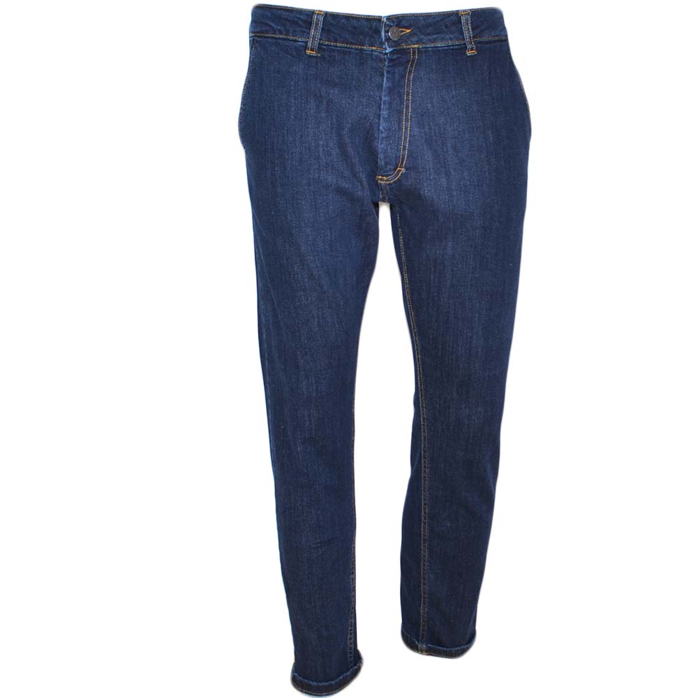 Jeans uomo denim lavaggio scuro slim tapered a cavallo regolare 4 tasche chiusura zip moda tendenza.