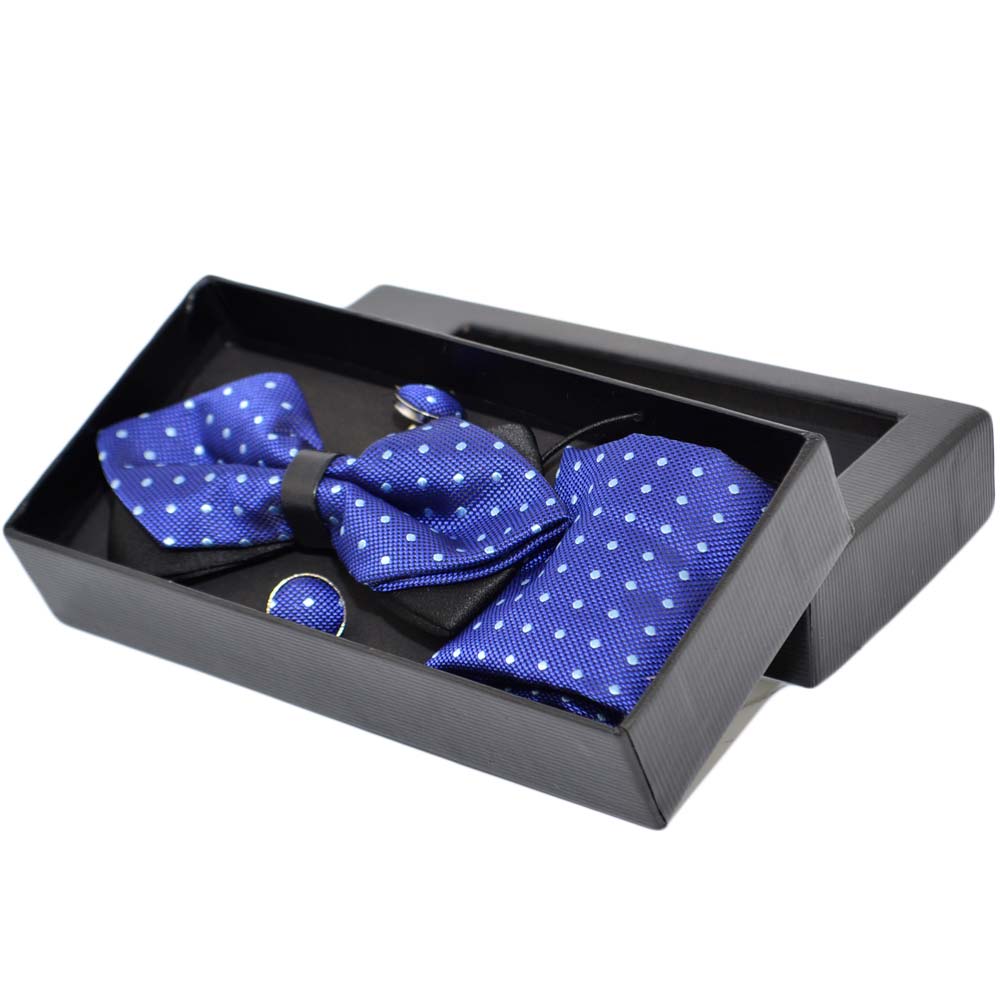 SET PAPILLON UOMO IN COTONE BLU A POIS CON BOTTONI GEMELLI E POCHETTE DA TASCHINO