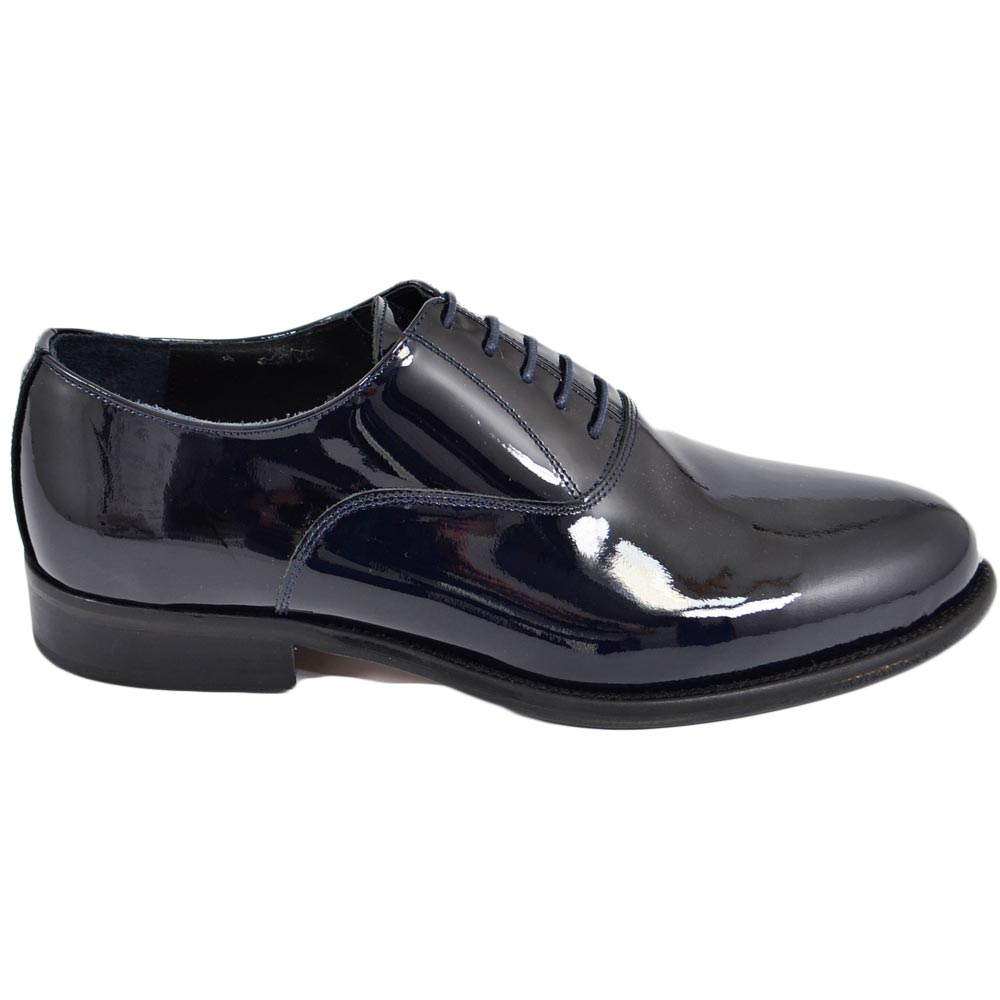 Scarpe uomo stringate classiche 019 vernice blu scuro made in italy fondo vero cuoio antiscivolo man business eleganti