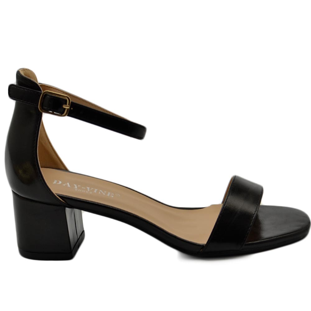 Scarpe sandalo nero donna con tacco 3 cm basso comodo basic con fascia morbida e cinturino alla caviglia cerimonia