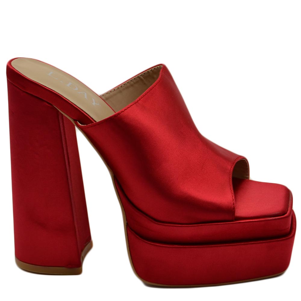 SABOT DONNA TACCO IN RASO ROSSO TACCO DOPPIO 15 CM PLATEAU 6 CM PUNTA QUADRATA OPEN TOE MODA