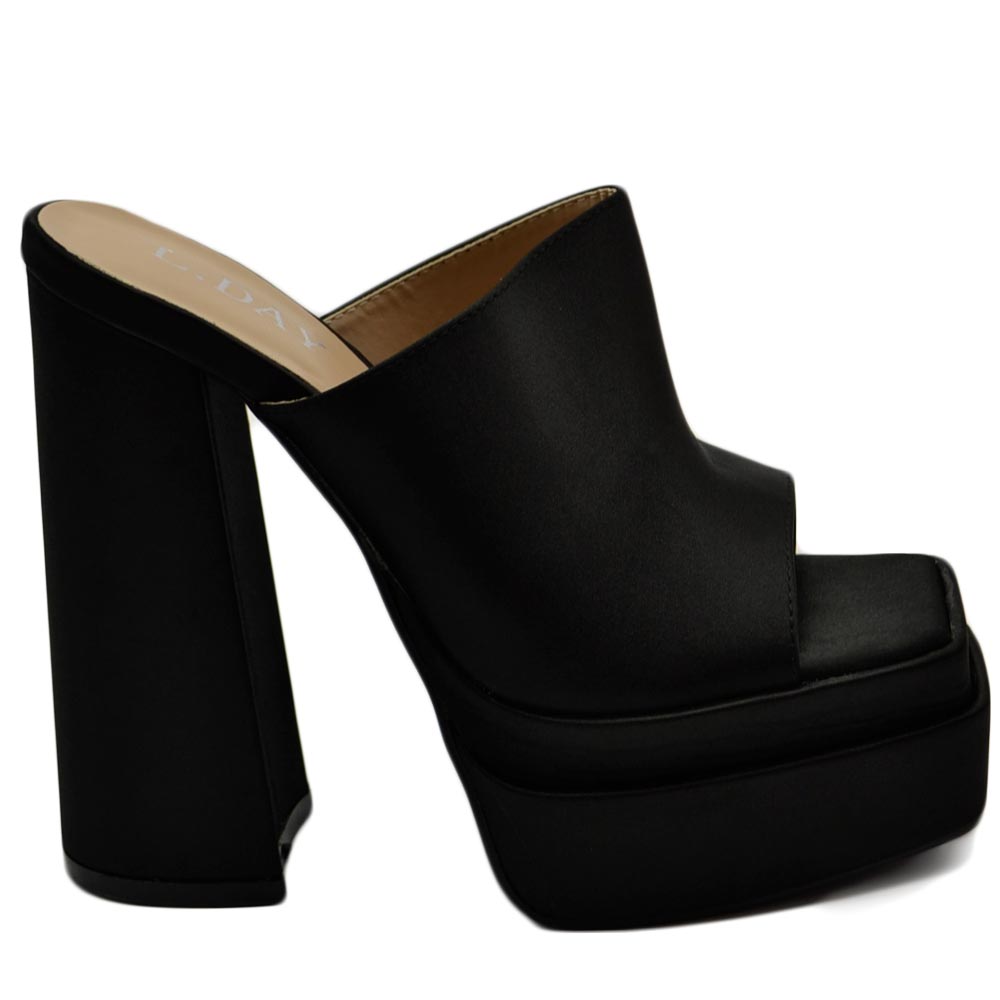 SABOT DONNA TACCO IN RASO NERO TACCO DOPPIO 15 CM PLATEAU 6 CM PUNTA QUADRATA OPEN TOE MODA.