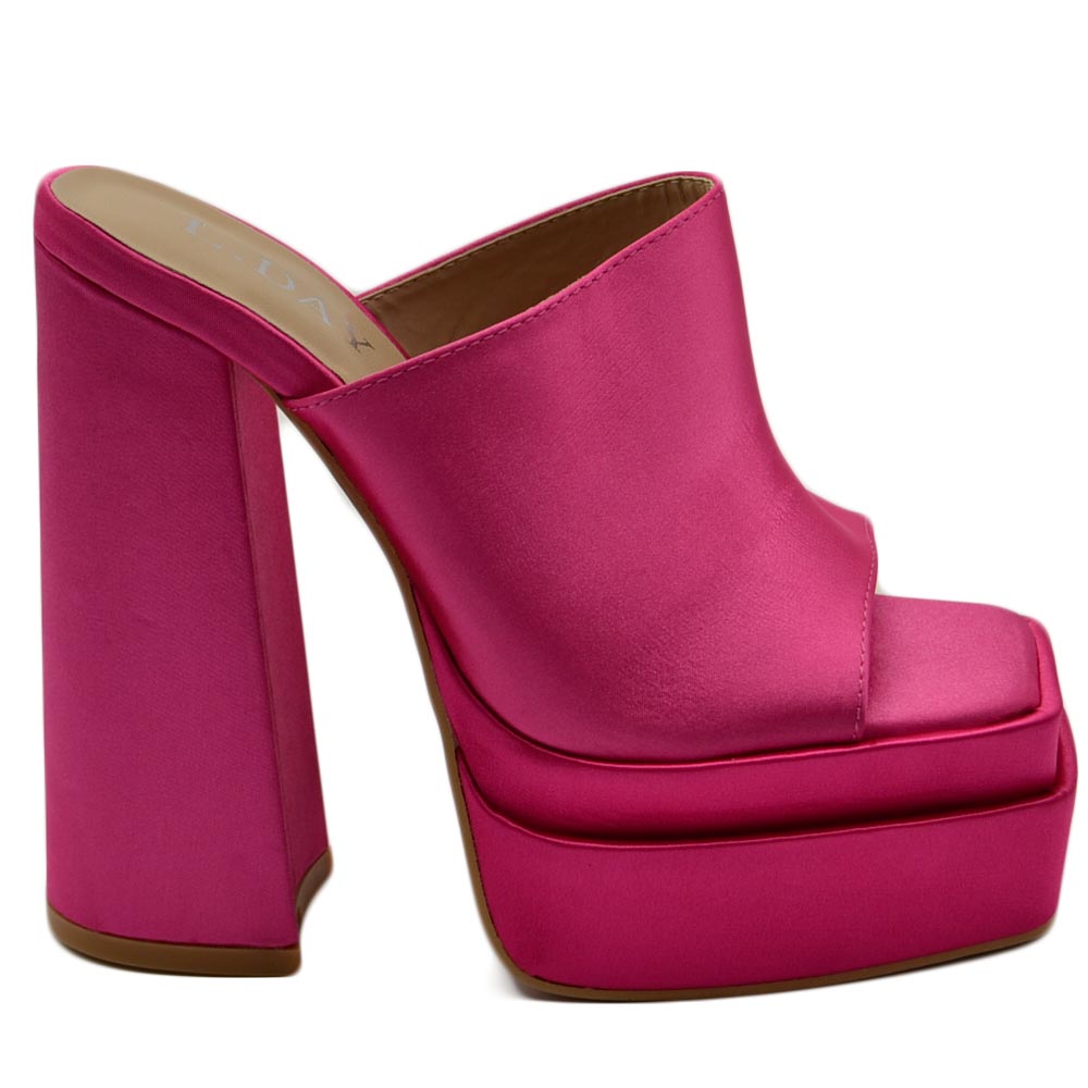 SABOT DONNA TACCO IN RASO FUCSIA TACCO DOPPIO 15 CM PLATEAU 6 CM PUNTA QUADRATA OPEN TOE MODA.