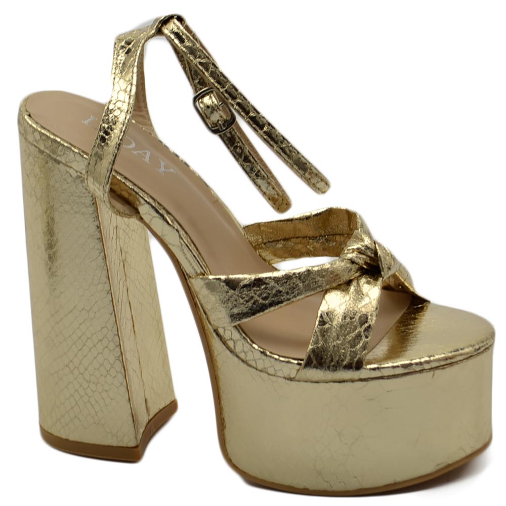 SANDALO DONNA FASCETTA INTRECCIATA IN PELLE ORO TACCO DOPPIO 15 CM PLATEAU 5 CM CINTURINO ALLA CAVIGLIA OPEN TOE MODA.