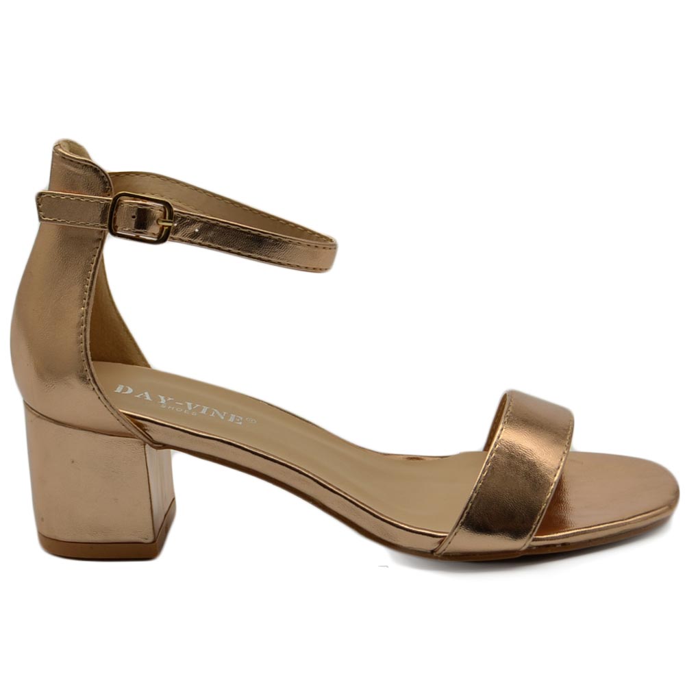 Scarpe sandalo oro rosa donna con tacco 3 cm basso comodo basic con fascia morbida e cinturino alla caviglia cerimonia