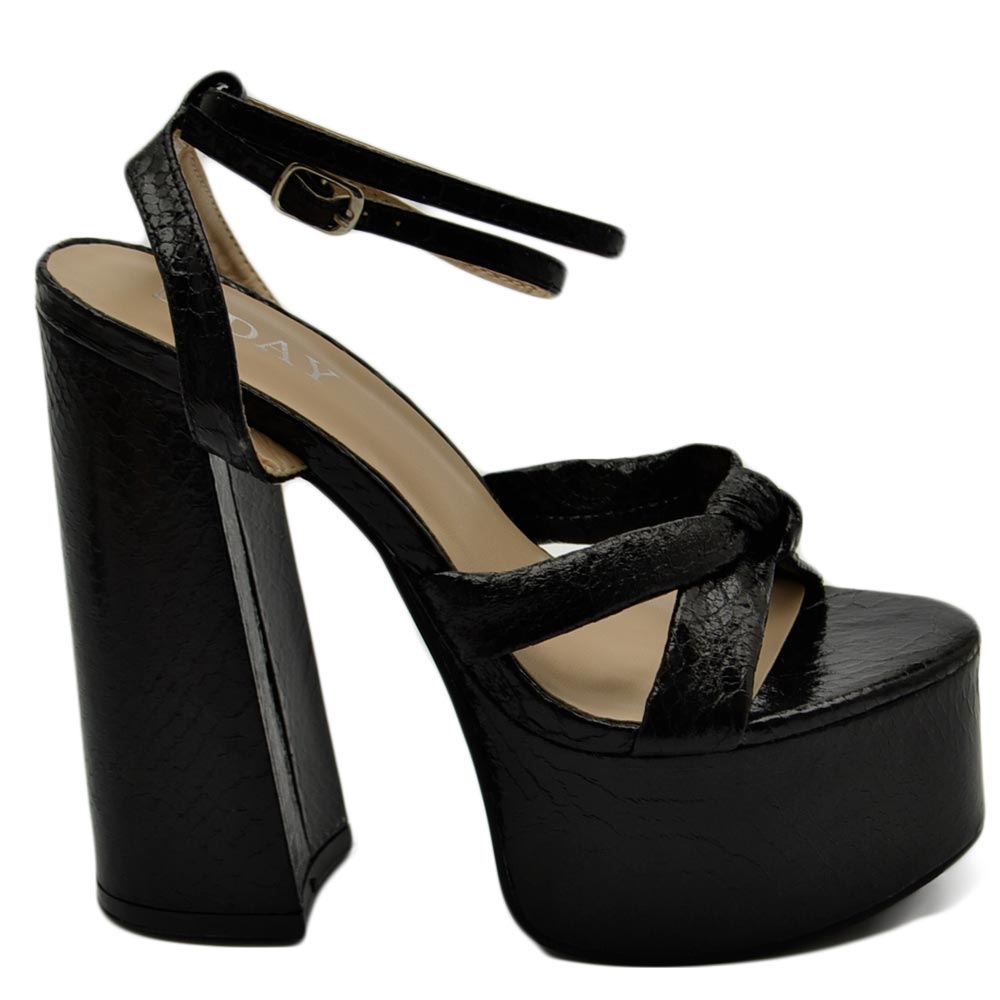 SANDALO DONNA FASCETTA INTRECCIATA IN PELLE NERO TACCO DOPPIO 15 CM PLATEAU 5 CM CINTURINO ALLA CAVIGLIA OPEN TOE MODA.