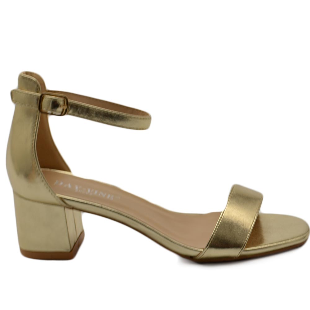 Scarpe sandalo oro donna con tacco 3 cm basso comodo basic con fascia morbida e cinturino alla caviglia cerimonia