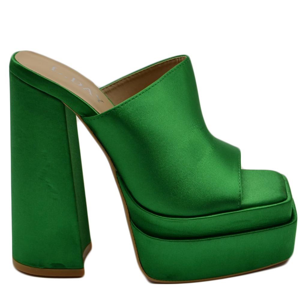 SABOT DONNA TACCO IN RASO VERDE TACCO DOPPIO 15 CM PLATEAU 6 CM PUNTA QUADRATA OPEN TOE MODA.