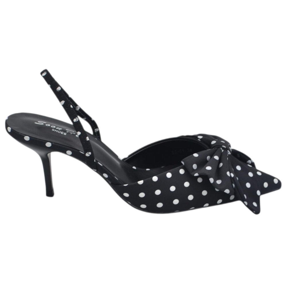 Decollete donna slingback in tessuto rasato a pois bianco e nero a punta con fiocco davanti tacco sottile 6 cm .