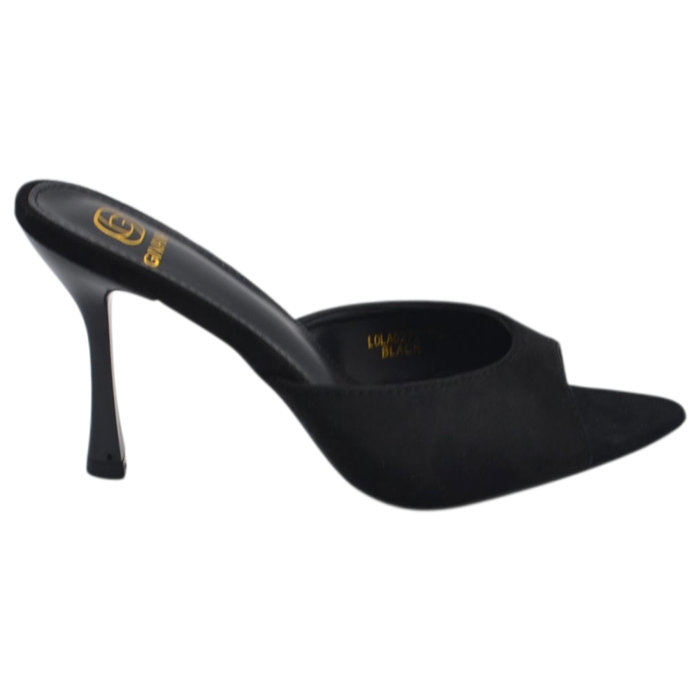Sandalo tacco donna nero a punta camoscio con fascia larga avvolgente tacco clessidra 12 cm open toe.