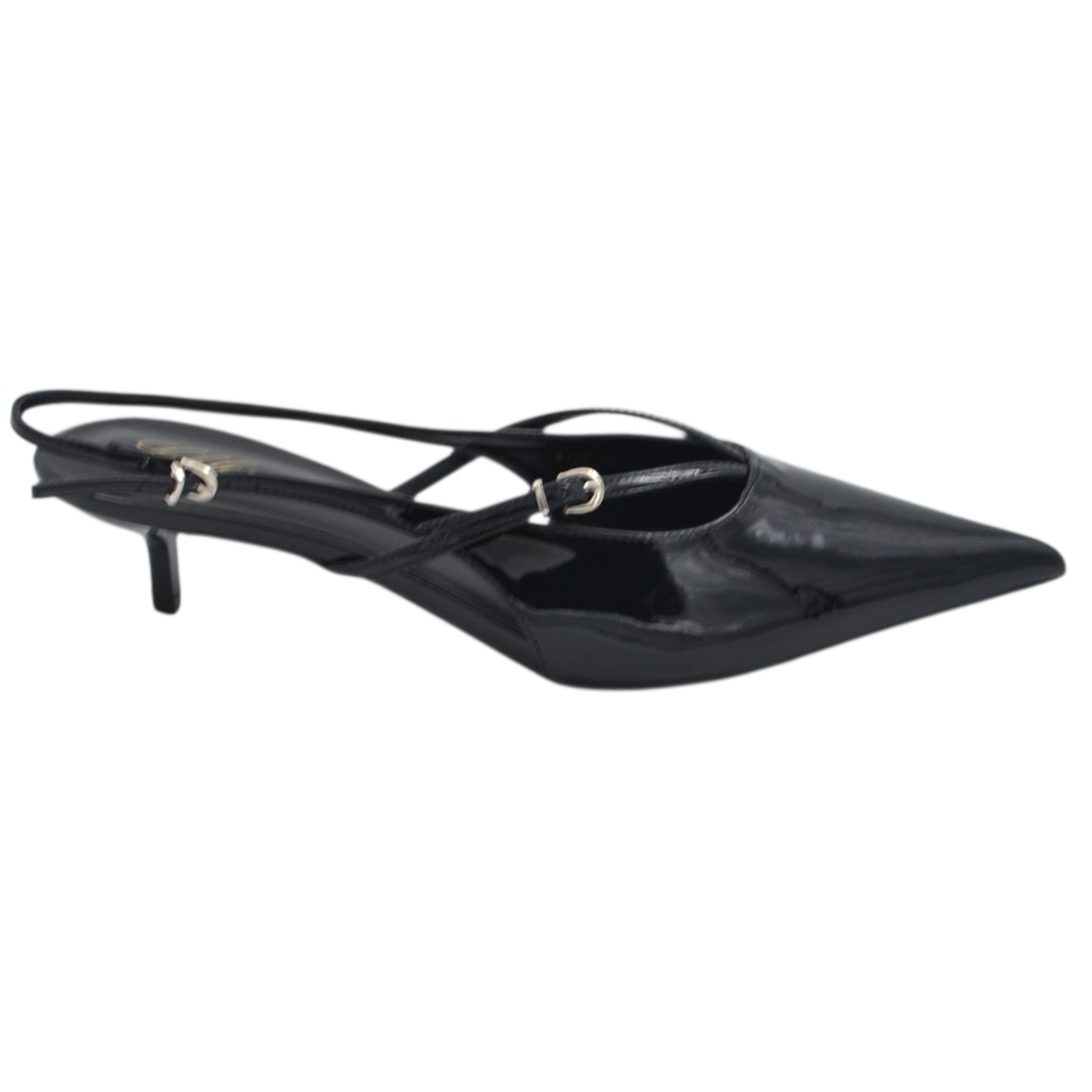 Decollete donna a punta tacco kitten 2 cm in pelle lucida nera slinkback con cinturini a V chiusura alla caviglia