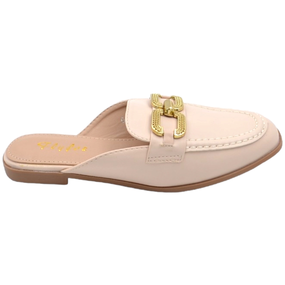 Mocassino donna mules beige con applicazione oro aperto dietro raso terra antiscivolo moda.