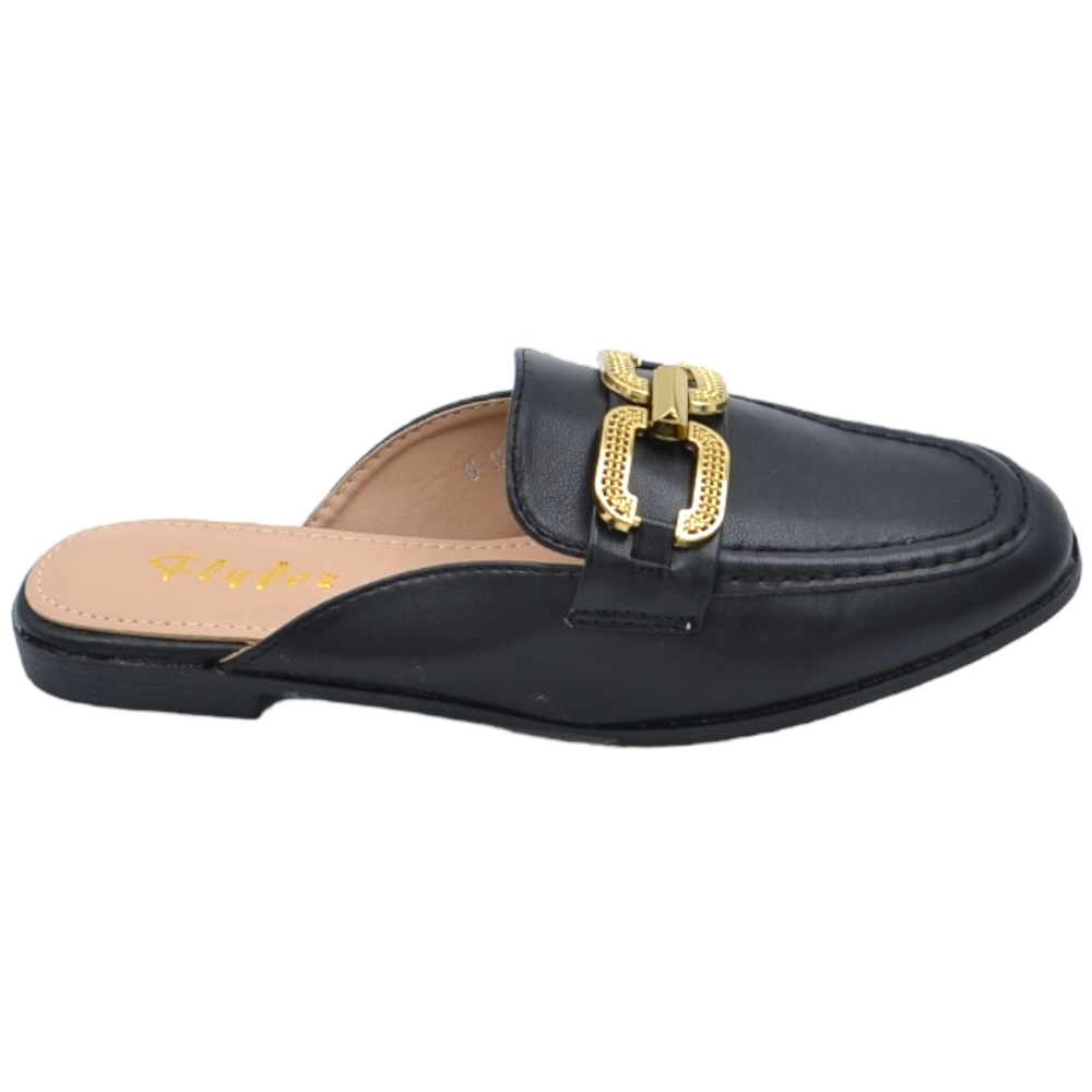 Mocassino donna mules nero con applicazione oro aperto dietro raso terra antiscivolo moda.