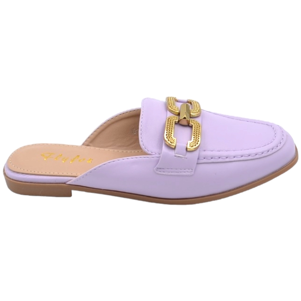 Mocassino donna mules glicine con applicazione oro aperto dietro raso terra antiscivolo moda .