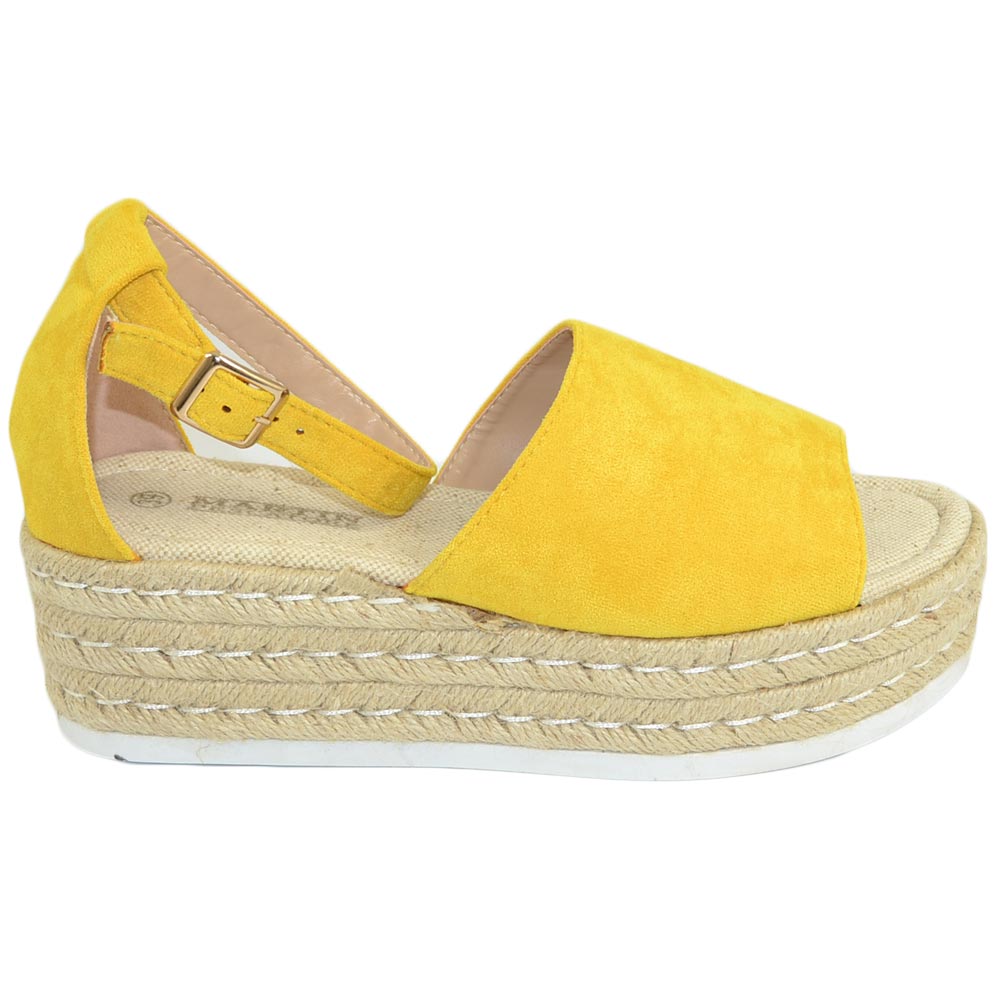 Espadrillas donna spuntate in camoscio giallo morbide comode con cinturino alla caviglia fresche fondo paglia