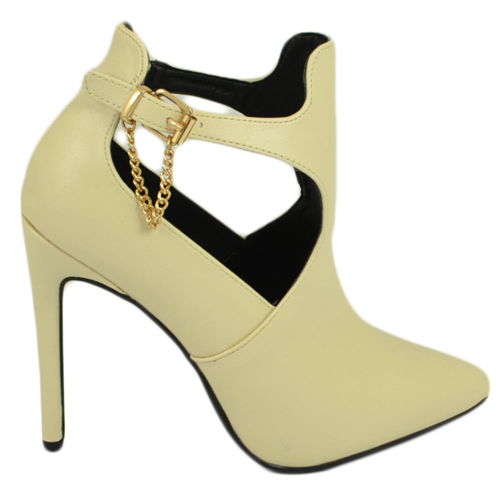 Scarpe donna tronchetto beige nude punta con il tacco a spillo e cinturino alla caviglia comodo sexy con catena moda