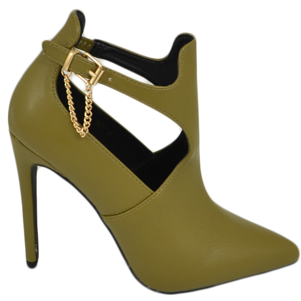 Scarpe donna tronchetto verde militare punta con il tacco a spillo e cinturino alla caviglia comodo sexy con catena moda.