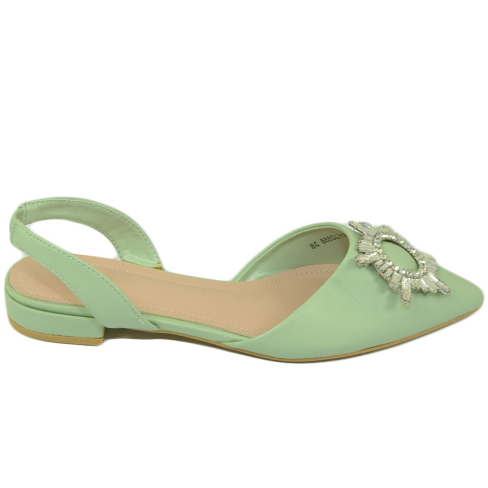 Scarpe donna ballerine slingback verde salvia gioiello luccicante punta sabot sandal basso moda donna cerimonia elegante