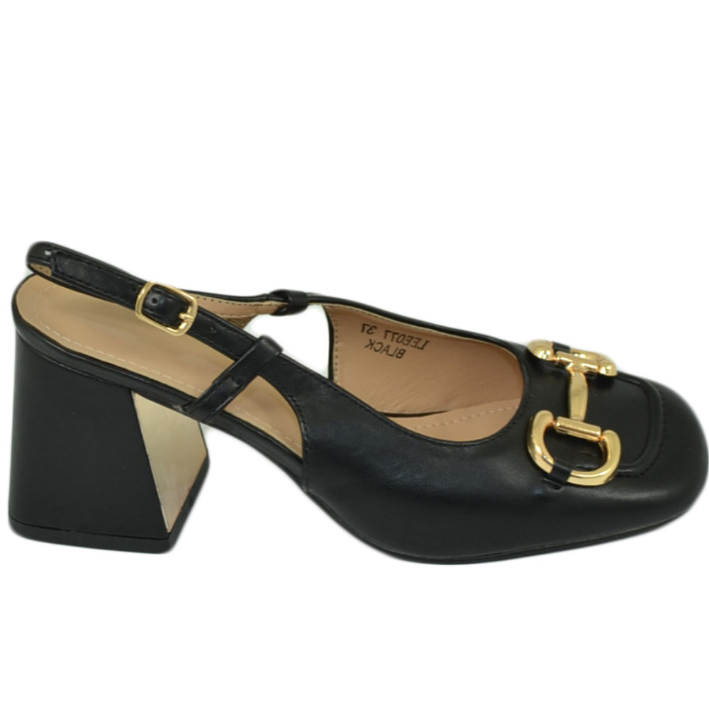 Decollete scarpe donna slingback nero con tacco largo asimmetrico morsetto e rifinimenti oro punta squadrata moda