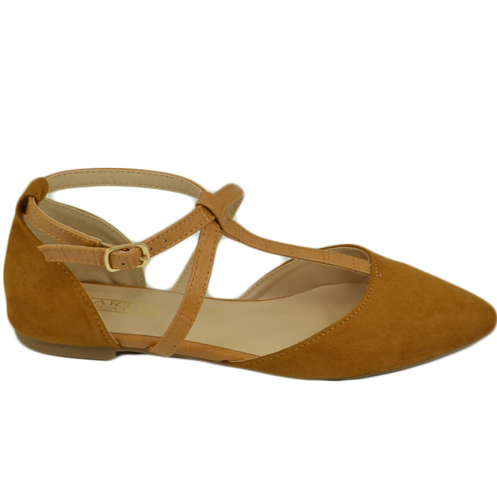 Scarpe ballerine donna a punta in camoscio cuoio con fascette incrociate raso terra moda comfort fondo antiscivolo