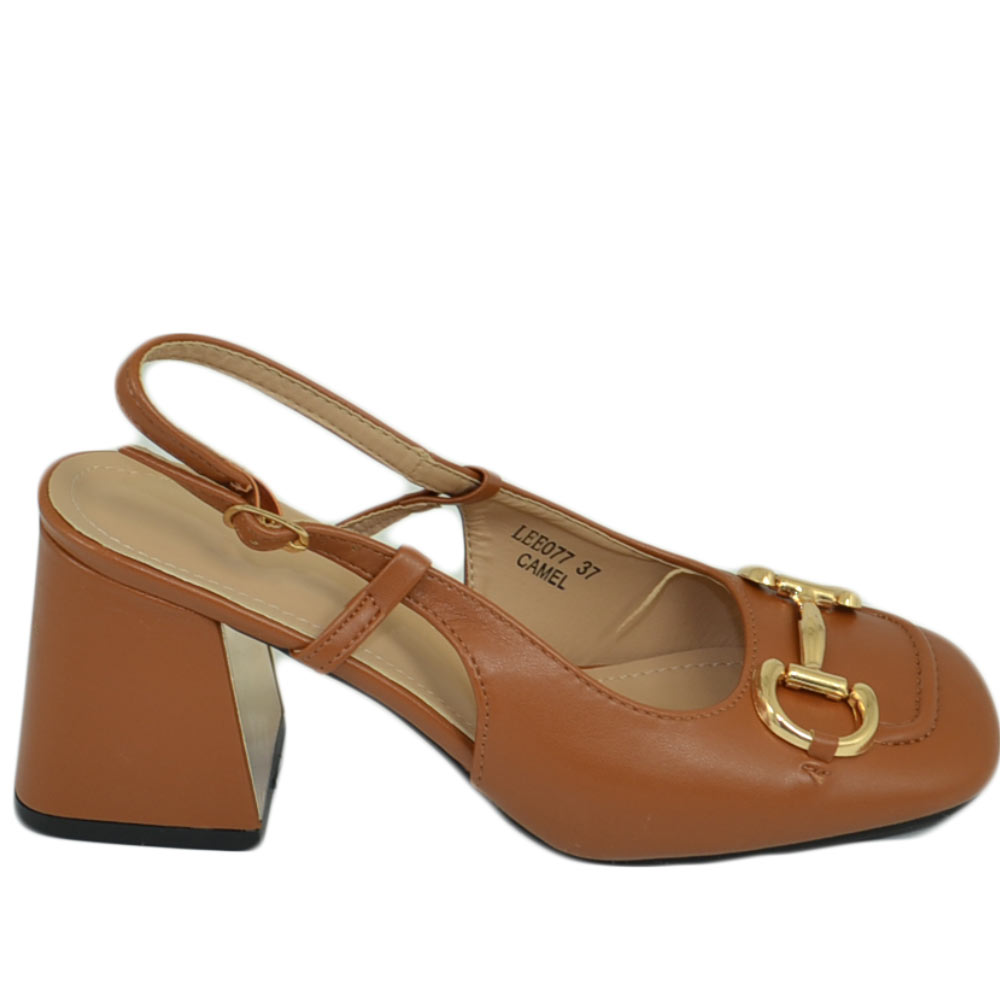 Decollete scarpe donna slingback cuoio con tacco largo asimmetrico morsetto e rifinimenti oro punta squadrata moda