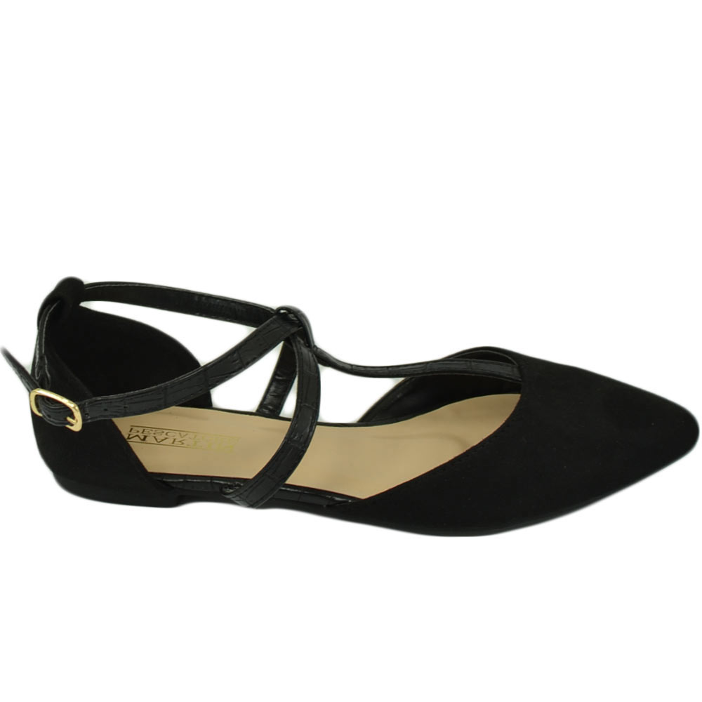 Scarpe ballerine donna a punta in camoscio nero con fascette incrociate raso terra moda comfort fondo antiscivolo	