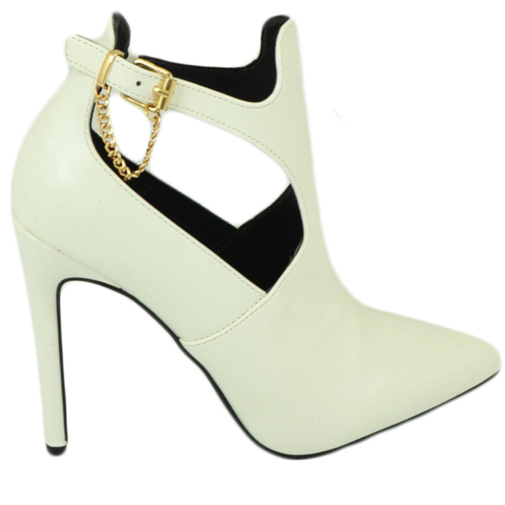 Scarpe donna tronchetto bianco a punta con il tacco a spillo e cinturino alla caviglia comodo sexy con catena moda