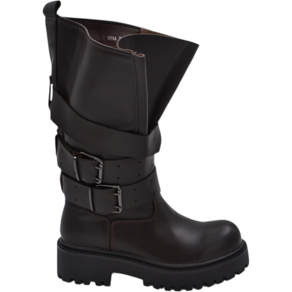 Stivale biker donna testa di moro con gambale curvy regolabile e doppia fibbia con suola platform 4 cm