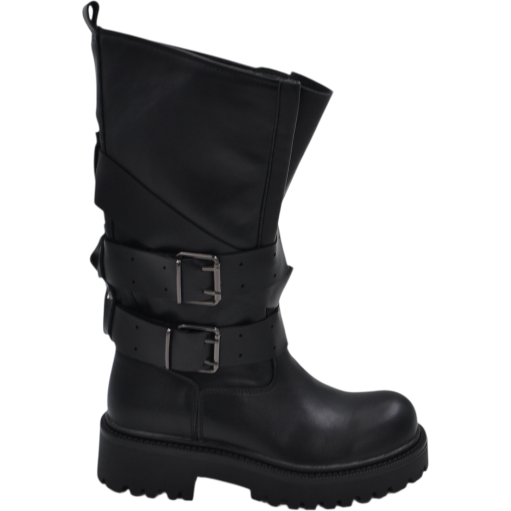 Stivale biker donna nero con gambale curvy regolabile e doppia fibbia con suola platform 4 cm.