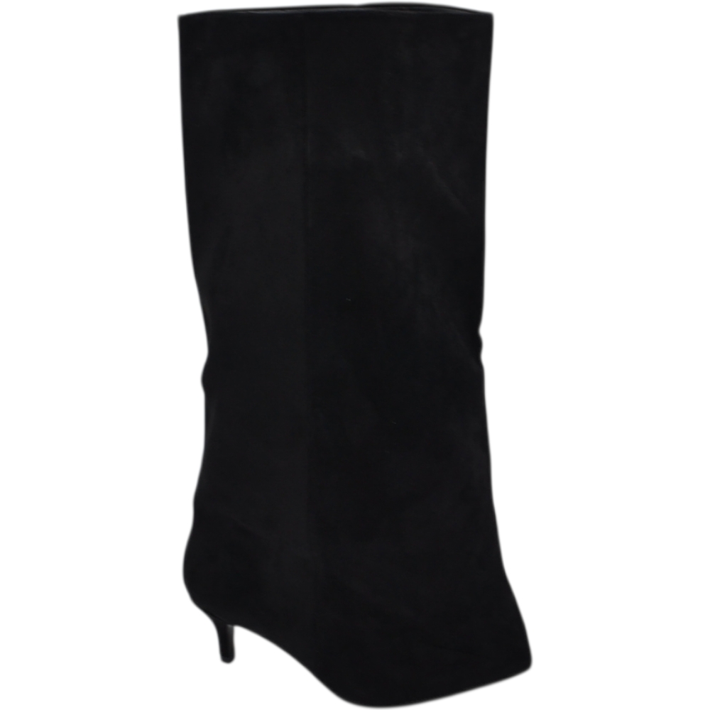 Stivale donna in camoscio nero con gambale tubolare largo overwide punta e tacco kitten stiletto 4 cm.