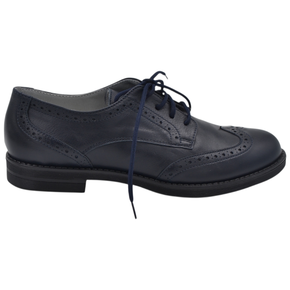 Scarpe stringate eleganti da bambino in vera pelle blu notte modello Derby con lavorazione brogue inglesina.