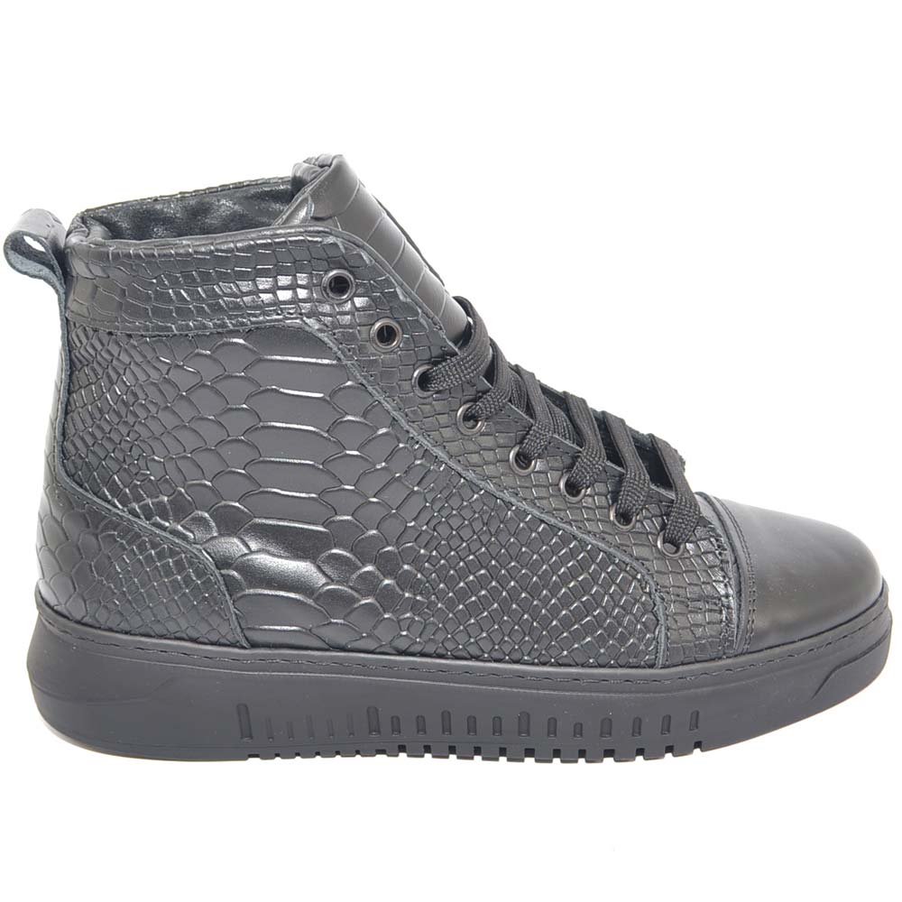 SNEAKERS UOMO ALTA IN PELLE PITONATA NERA FODERATO VERA PELLE FONDO COMFORT MADE IN ITALY HANDMADE LACCI TONO SU TONO